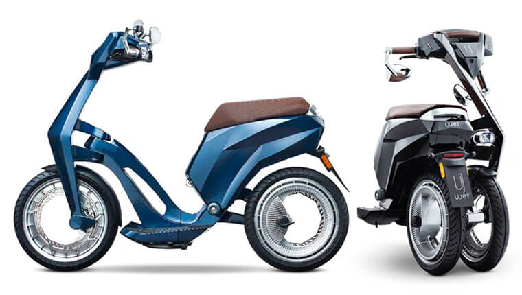 Ciclomoto eléctrico Ujet, en vista lateral y plegado